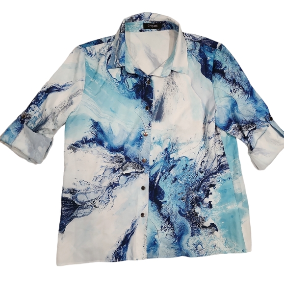 ChicMe Blue Pattern Button Down Long Sleeves Blouse - Picture 2 of 15